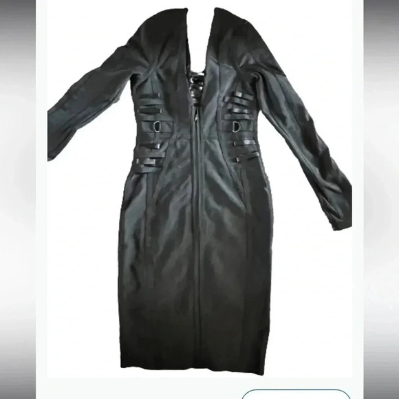 FASHION NOVA BLACK CUT OUT BACK FAUX LEATHER DRESS - Picture 5 of 13